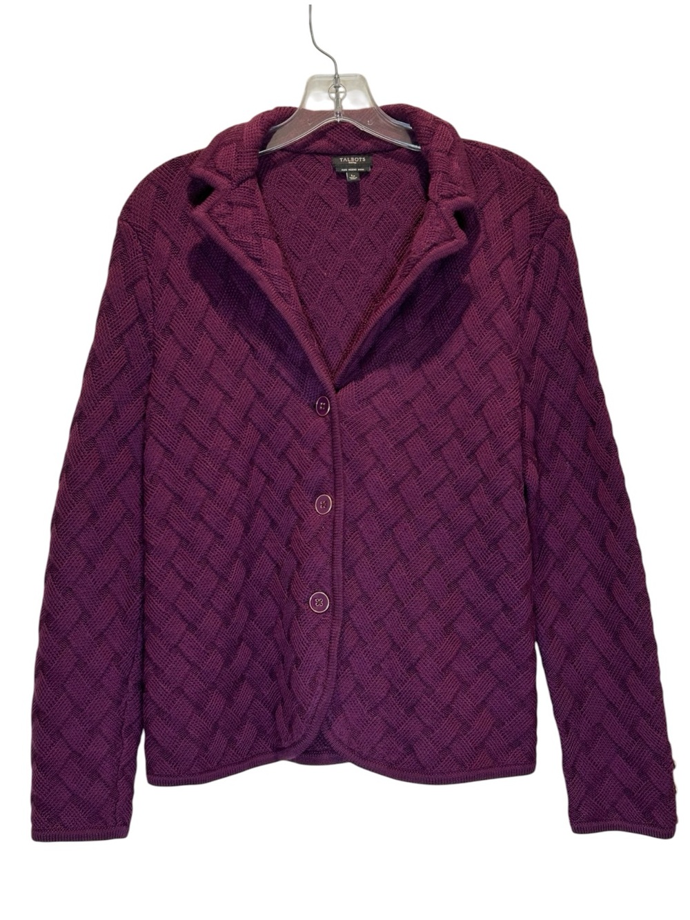 Talbots Plum Merino Wool Cable Knit Cardigan Sweater Jacket - Large Petite